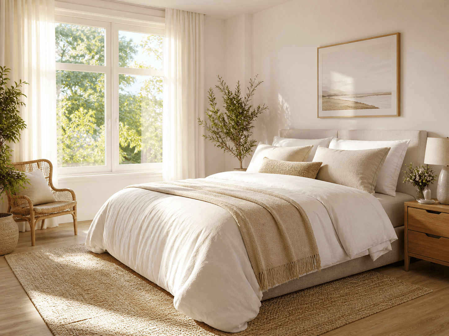 Ruhiges helles Schlafzimmer mit natürlichem Licht