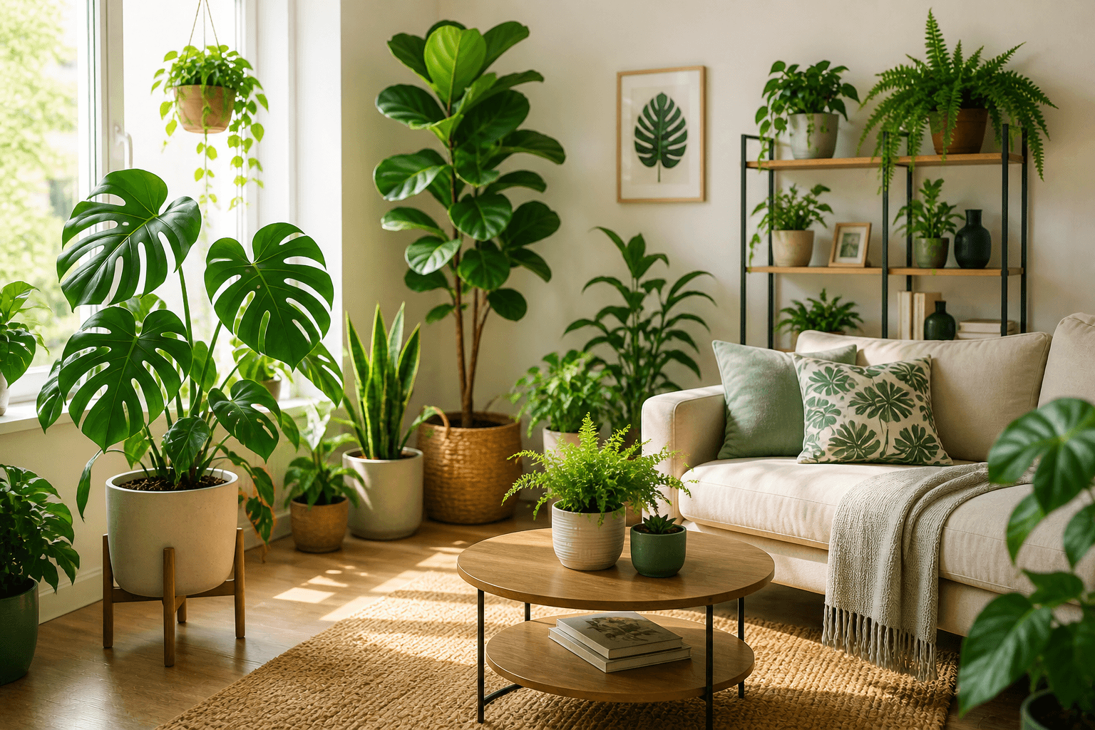 Helles Wohnzimmer mit verschiedenen Zimmerpflanzen, natürlichem Licht und moderner Einrichtung
