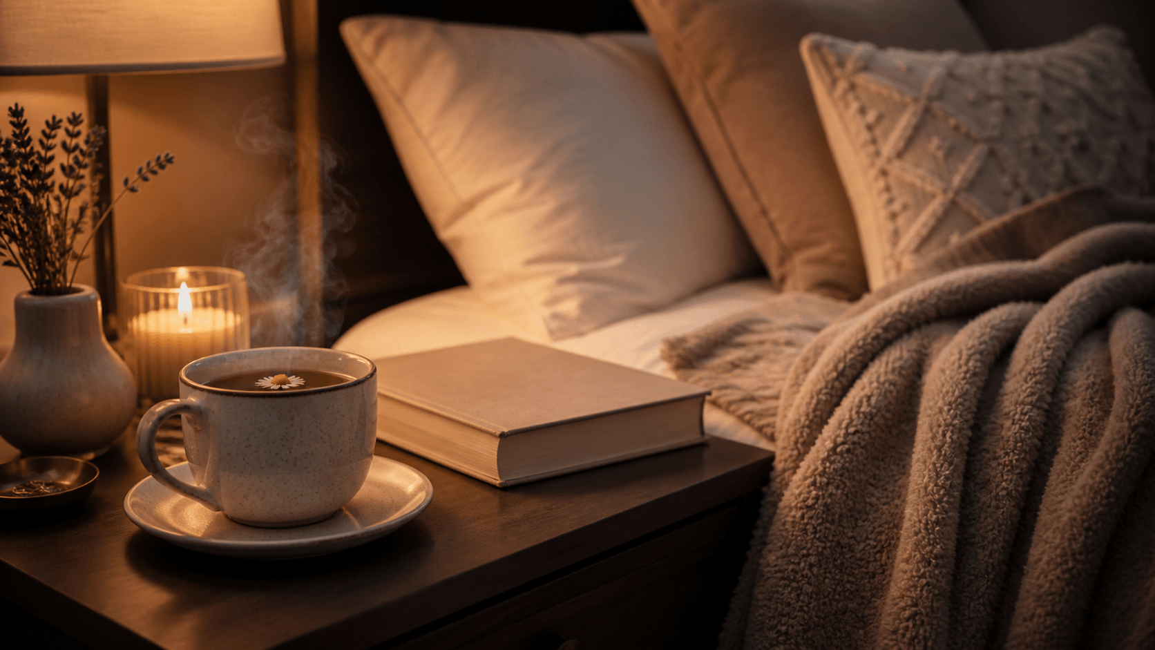 Abendroutine mit Kräutertee, Buch, Kerze und weicher Decke auf einem Nachttisch
