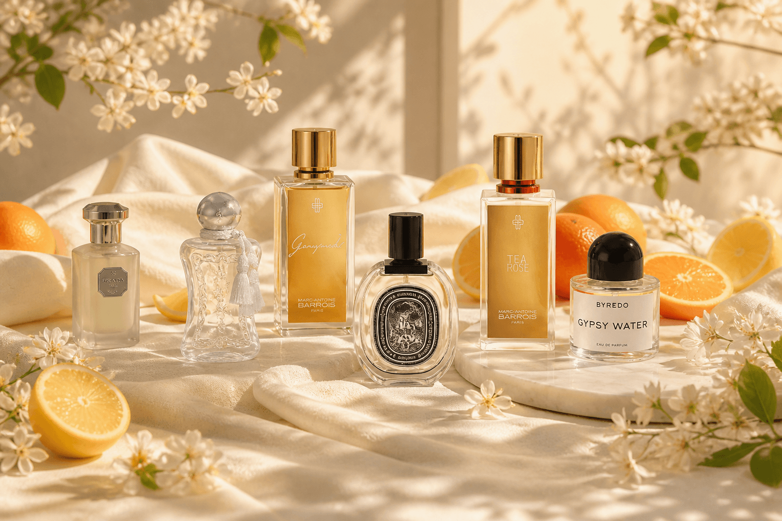 Sommerliche Parfum-Auswahl mit hellen Stoffen, Zitrusfrüchten, Blüten und Sonnenlicht