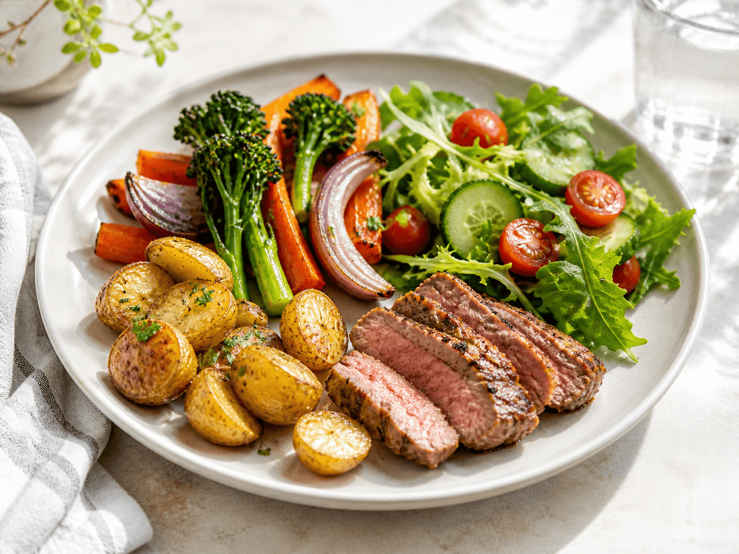 Ausgewogene Mahlzeit mit kleiner Portion Fleisch, Gemüse, Kartoffeln und Salat auf hellem Teller