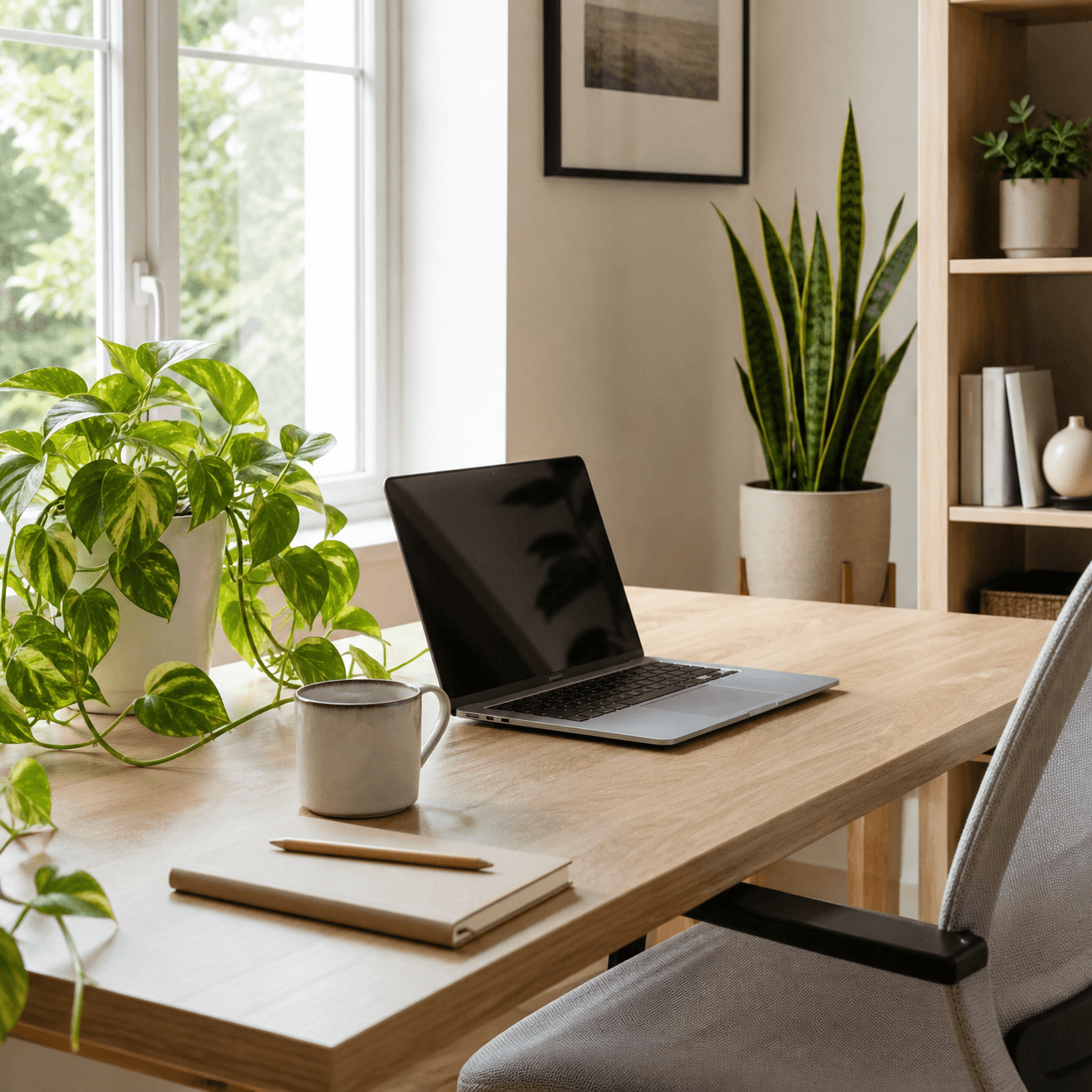 Homeoffice mit Schreibtisch, Laptop, Efeutute, Sansevieria und natürlichem Licht