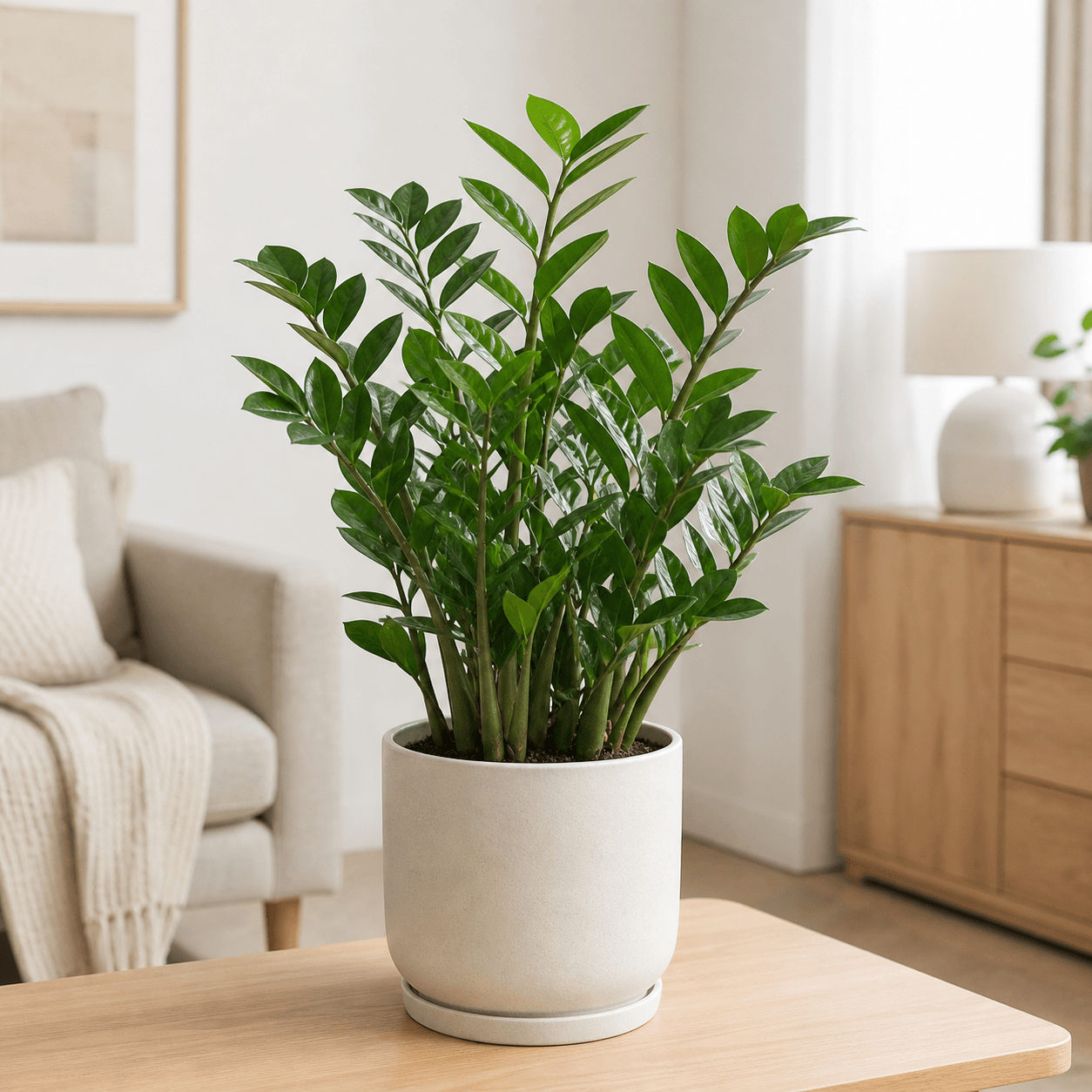 Zamioculcas Zimmerpflanze mit glänzenden dunkelgrünen Blättern