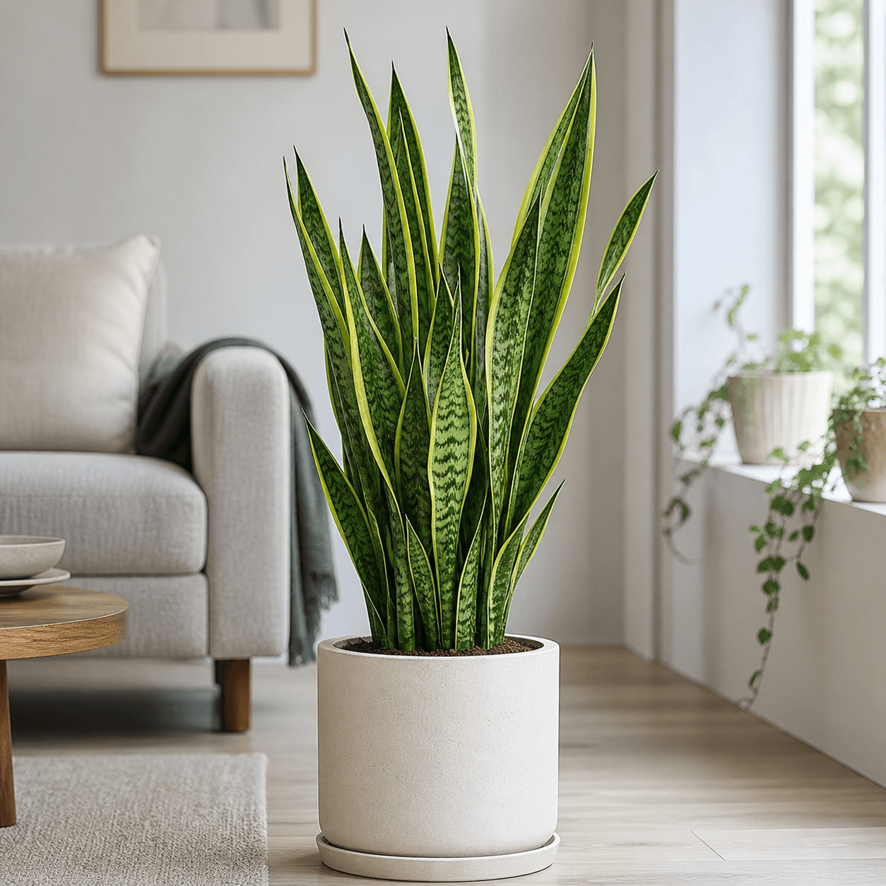 Sansevieria Bogenhanf Zimmerpflanze mit aufrechten grünen Blättern