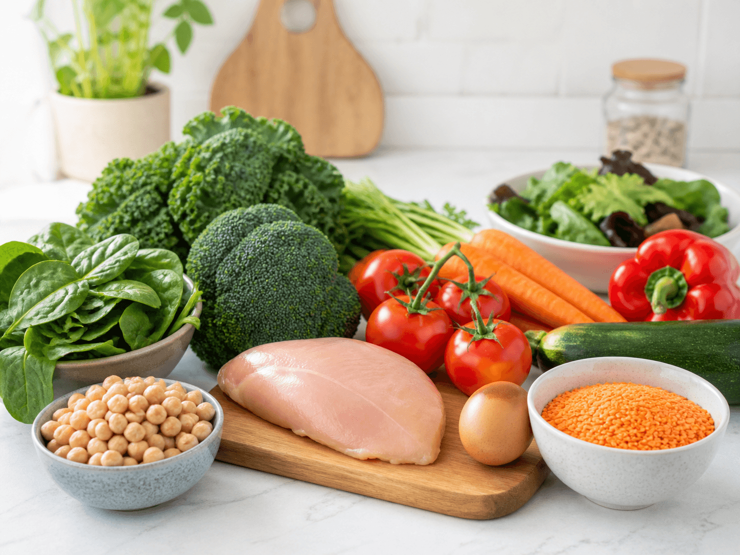 Pflanzliche Eiweißquellen mit Linsen, Kichererbsen, Tofu, Nüssen und Gemüse