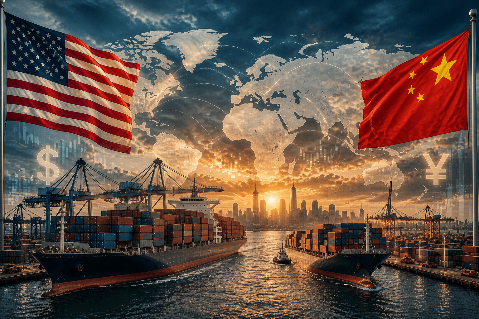 Symbolisches Bild von globalem Handel mit Containerschiffen, US-Flagge und wirtschaftlicher Spannung