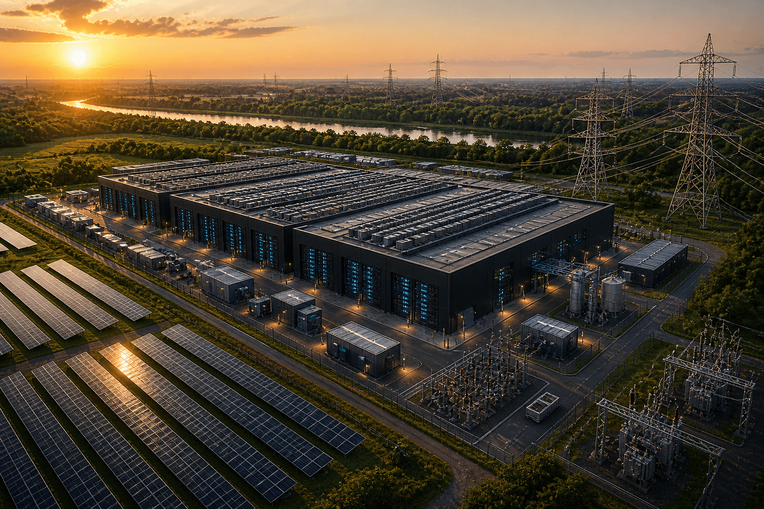 Luftaufnahme eines großen Rechenzentrums mit Stromleitungen und Solaranlagen in der Umgebung
