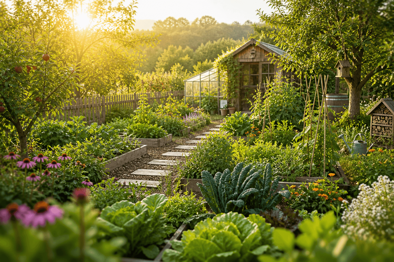 Blühender Permakultur-Garten mit Gemüse, Wildblumen, Kräutern, Bienen und natürlichem Holzweg