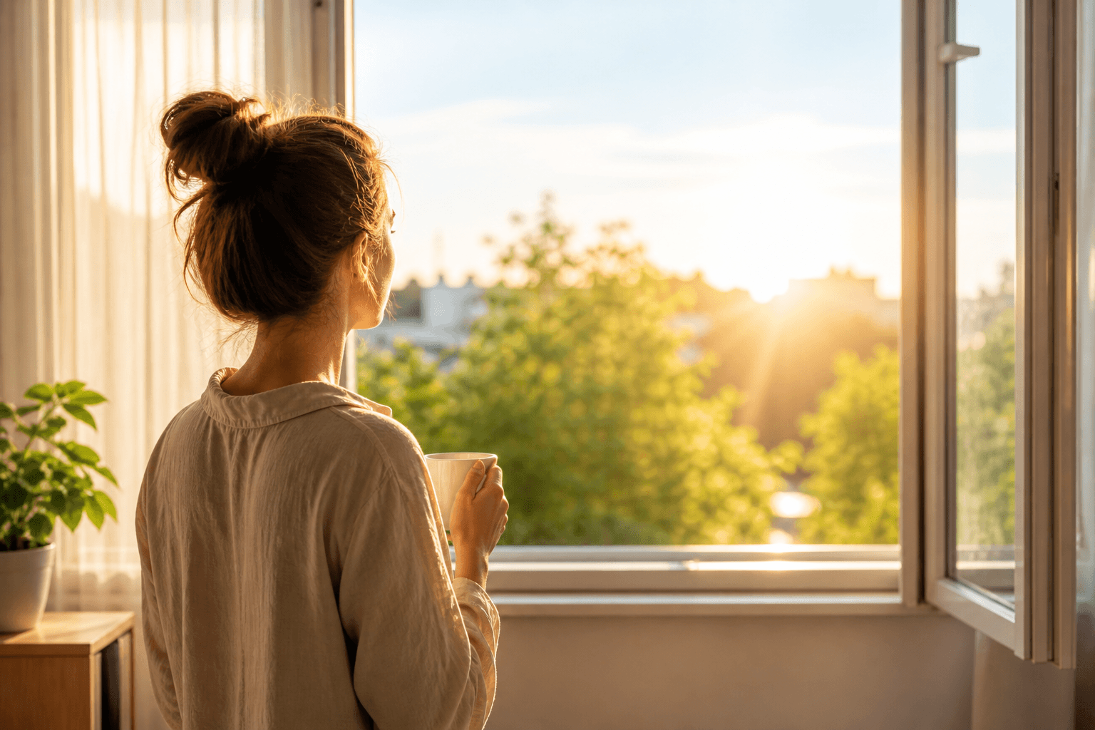 Person steht morgens am Fenster im natürlichen Sonnenlicht