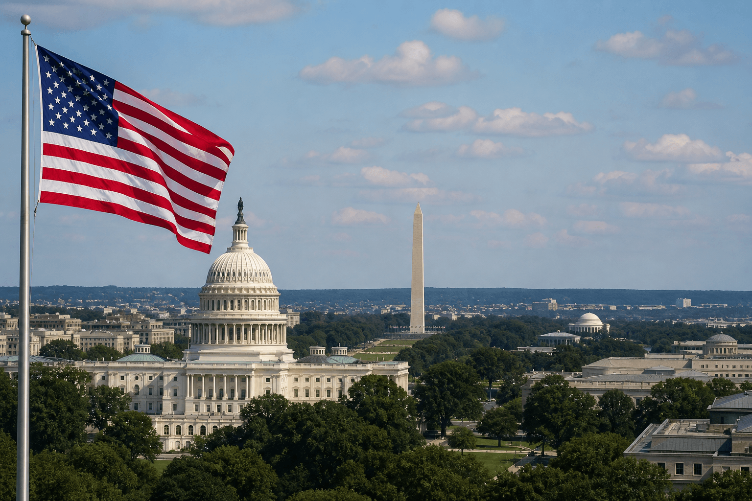 Symbolisches Bild von Washington D.C. mit US-Flagge, politischer Bühne und dramatischem Licht