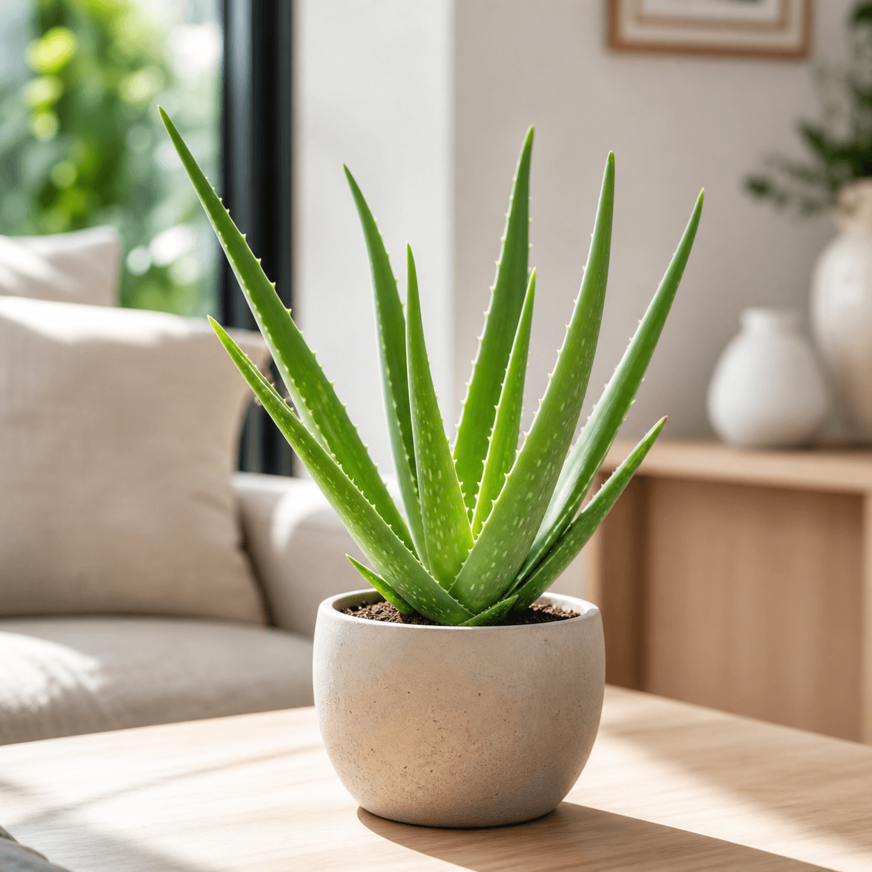 Aloe Vera Pflanze in modernem Topf auf heller Fensterbank