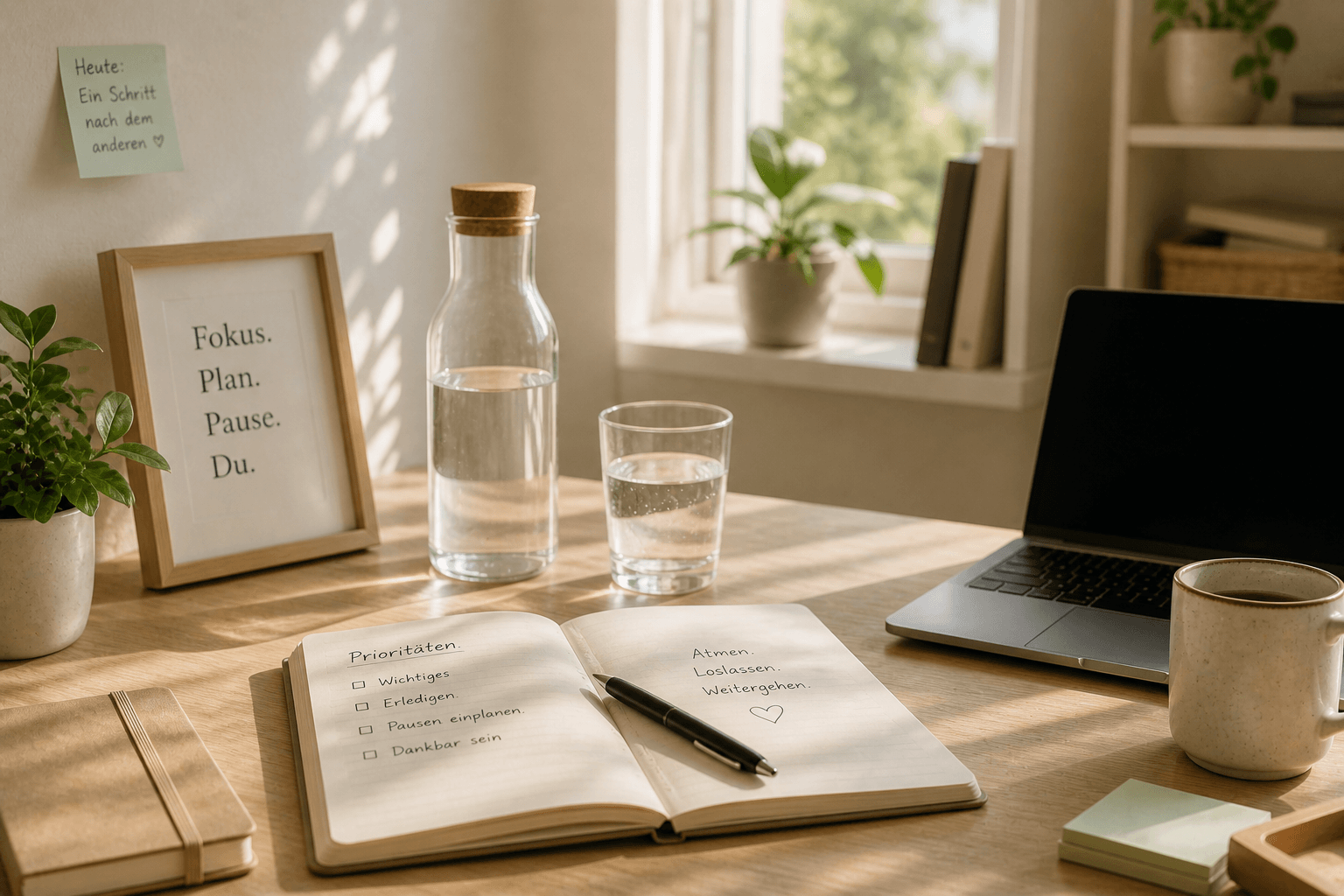 Ruhiger Arbeitsplatz mit Notizbuch, Wasser, Pflanze und weichem Tageslicht