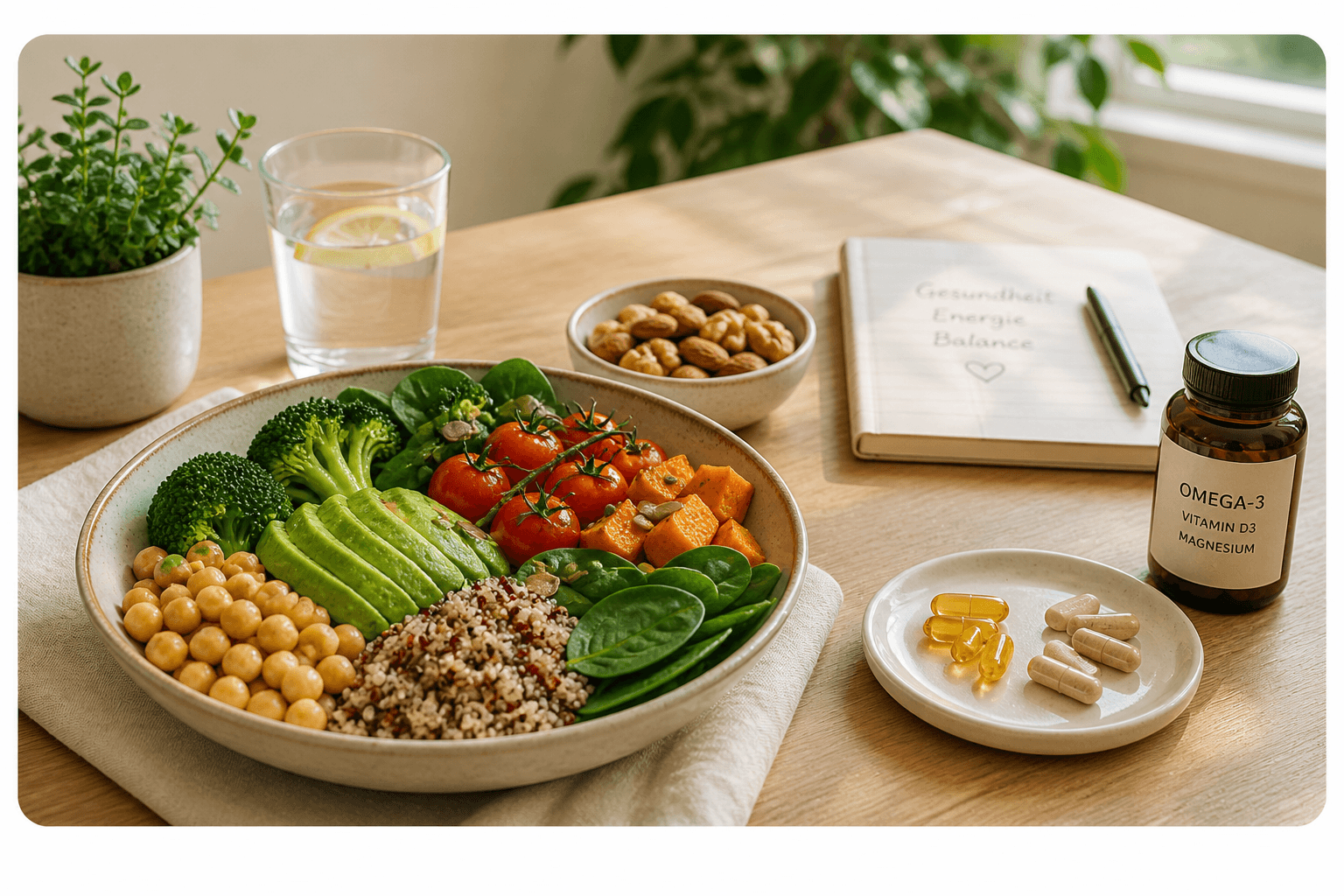 Nahrungsergänzungsmittel neben frischem Obst, Gemüse, Wasser und Notizbuch auf hellem Tisch