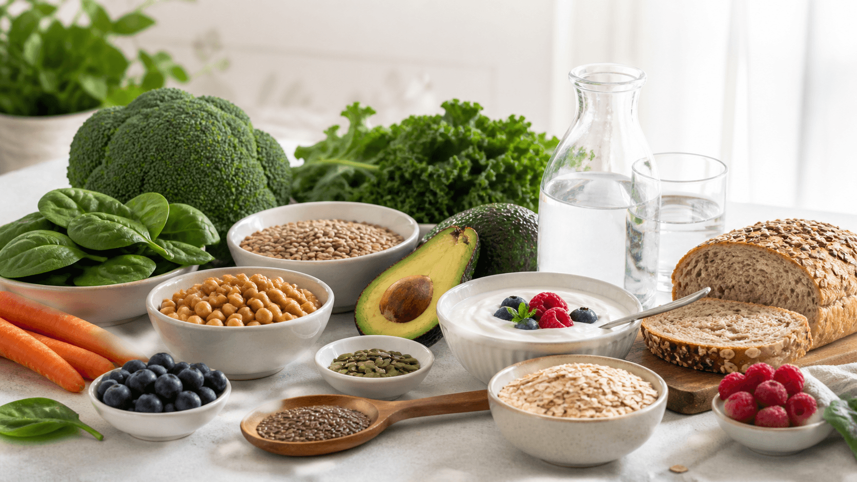 Ballaststoffreiche Lebensmittel mit Gemüse, Hülsenfrüchten, Vollkorn, Joghurt und Wasser auf hellem Tisch