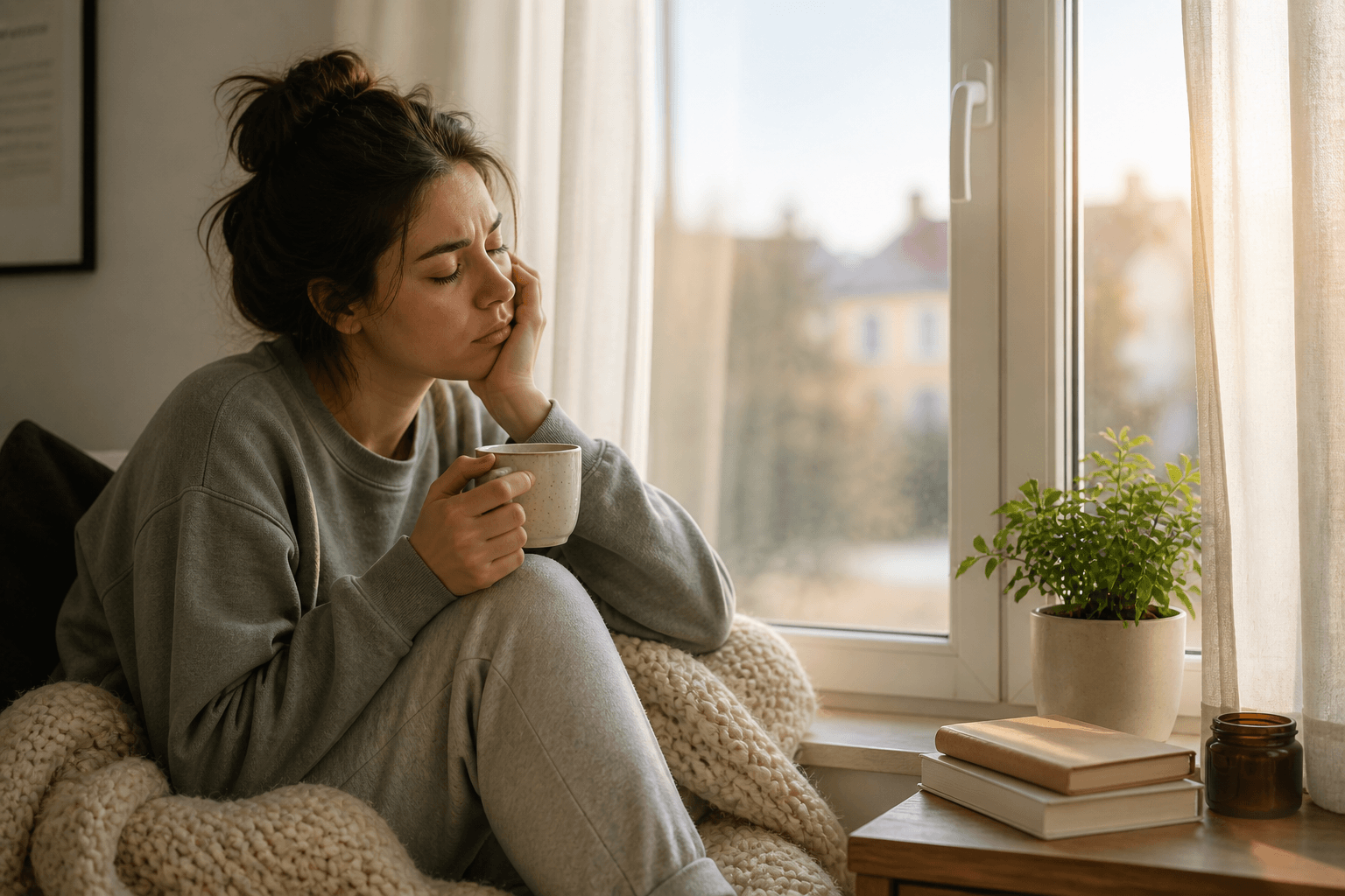 Müde Person sitzt morgens mit Tee am Fenster im weichen Tageslicht