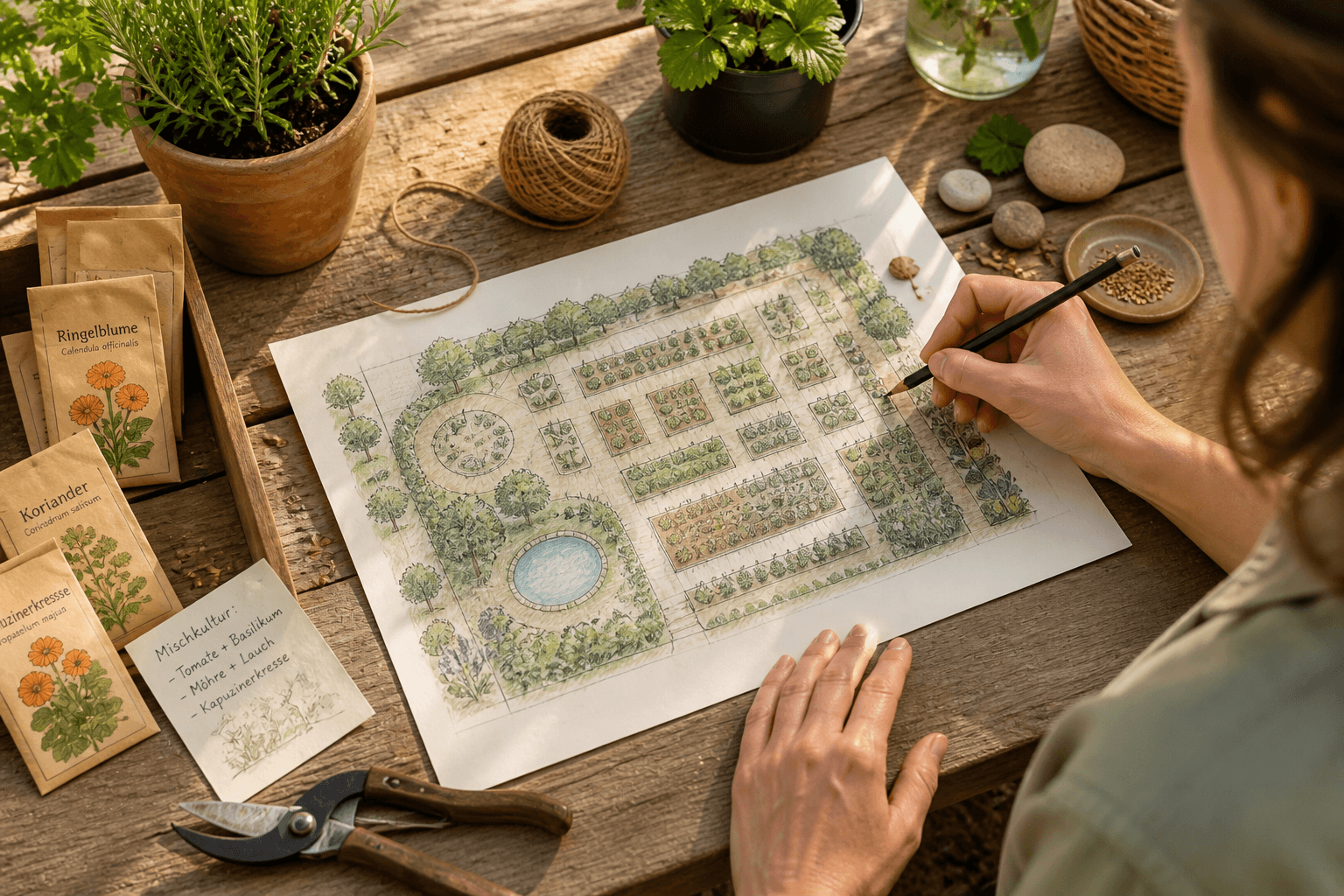 Gärtnerin zeichnet einen Gartenplan mit Beeten, Kräutern und Obstbäumen auf Papier neben Saatgut und Gartenschere