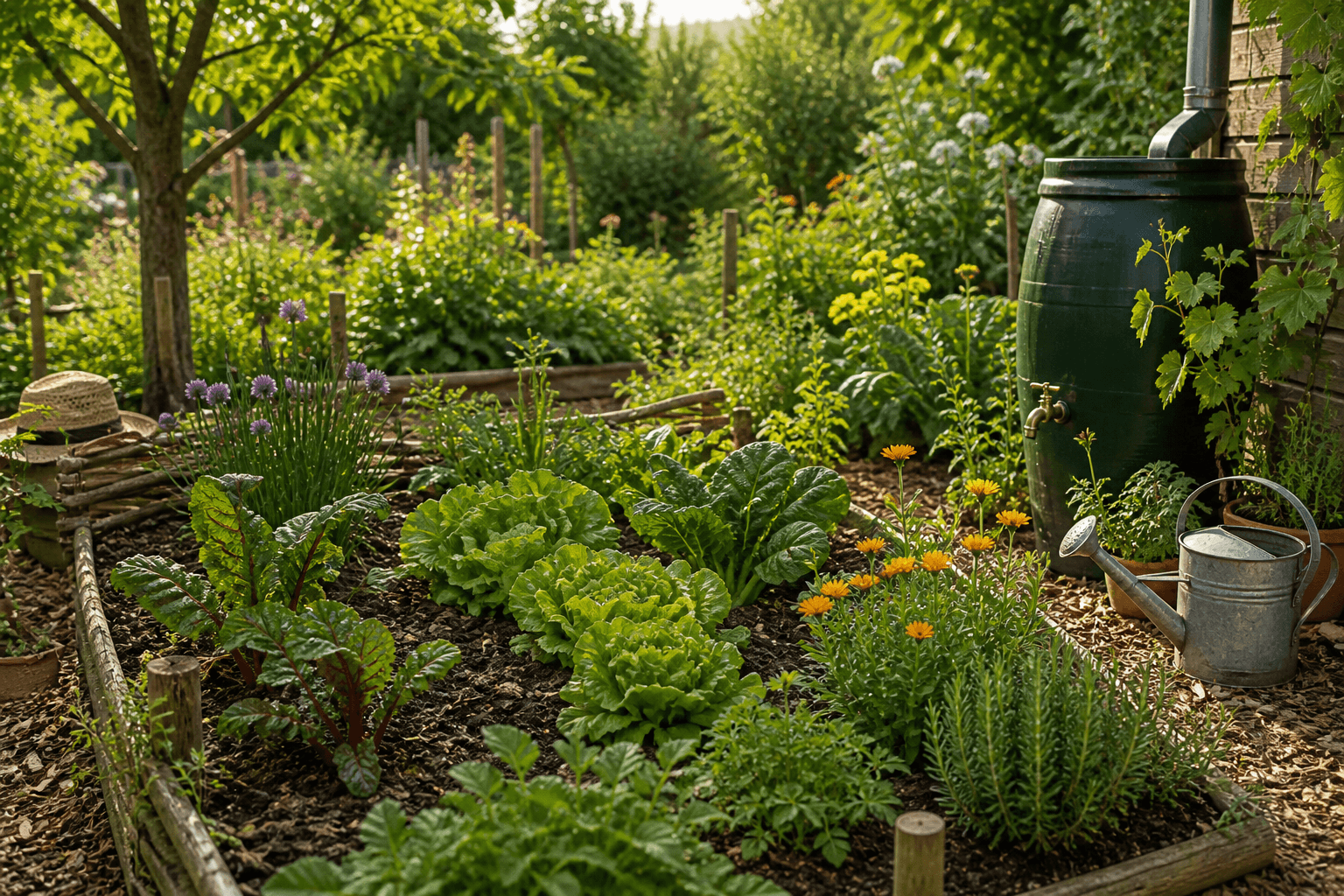 Naturnaher Permakultur-Garten mit Gemüsebeeten, Kräutern, Blumen, Obstbäumen und Holzwegen im warmen Sonnenlicht