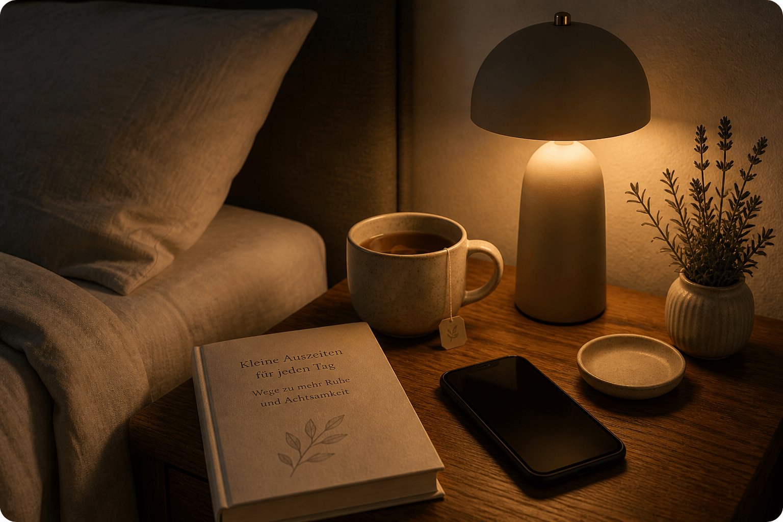 Ruhiges Schlafzimmer mit weicher Bettwäsche, gedimmtem Licht und entspannter Abendstimmung