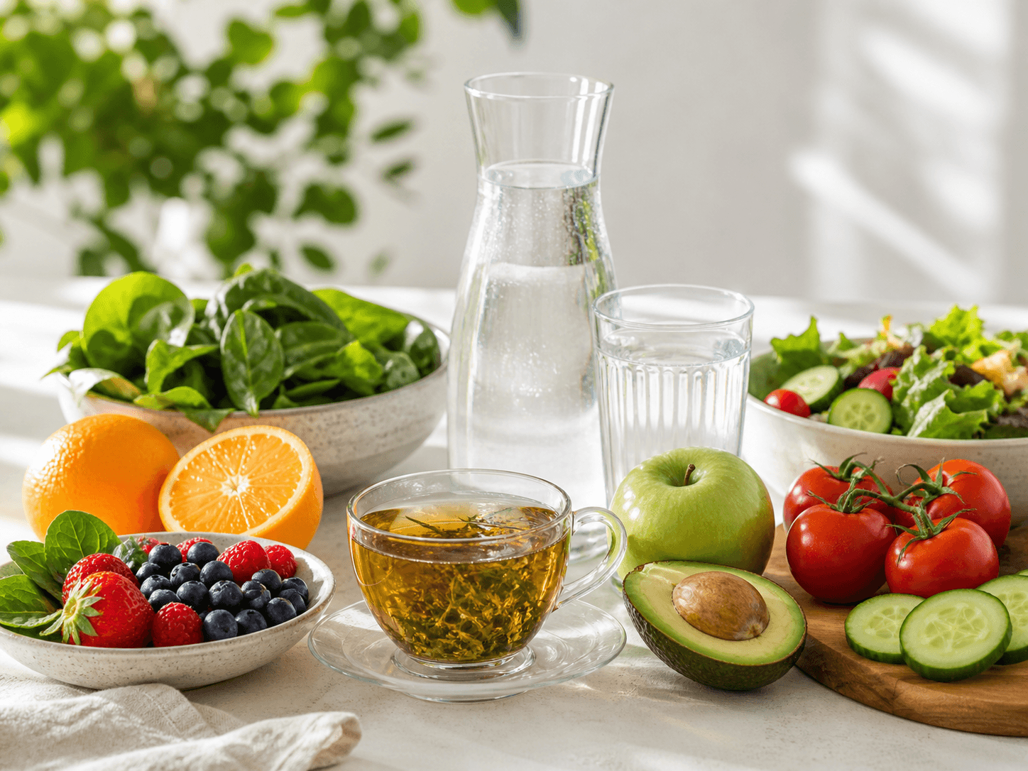 Gesunde Lebensmittel mit Obst, Gemüse, Tee und Wasser auf hellem Tisch