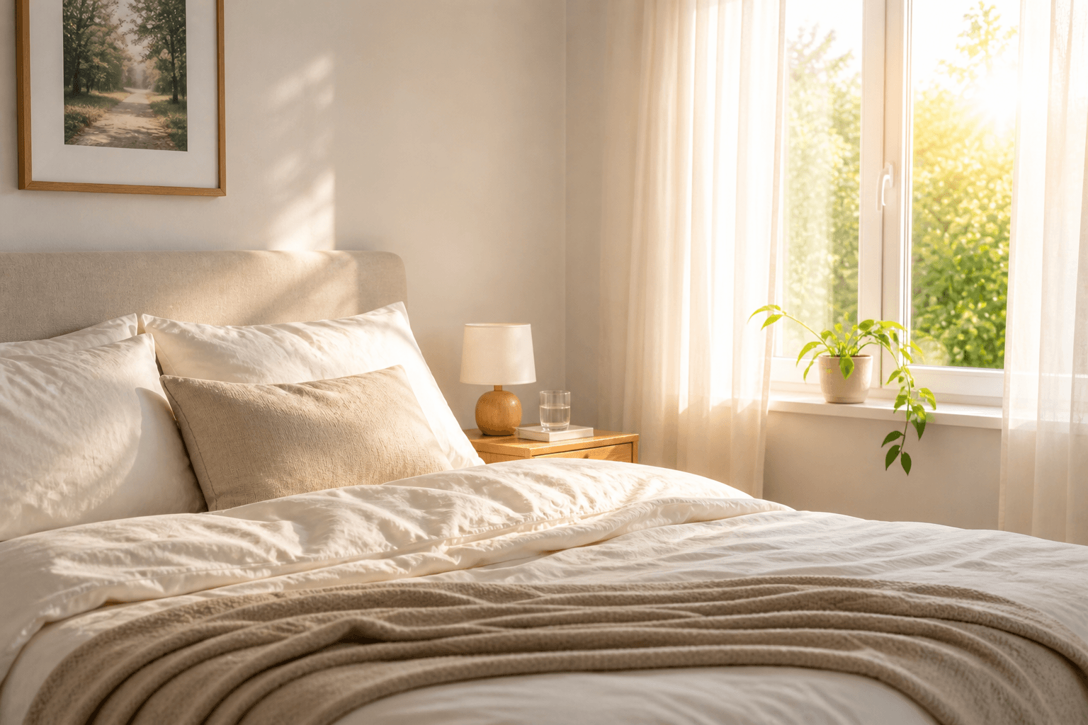 Ruhiges helles Schlafzimmer mit weicher Bettwäsche und natürlichem Morgenlicht