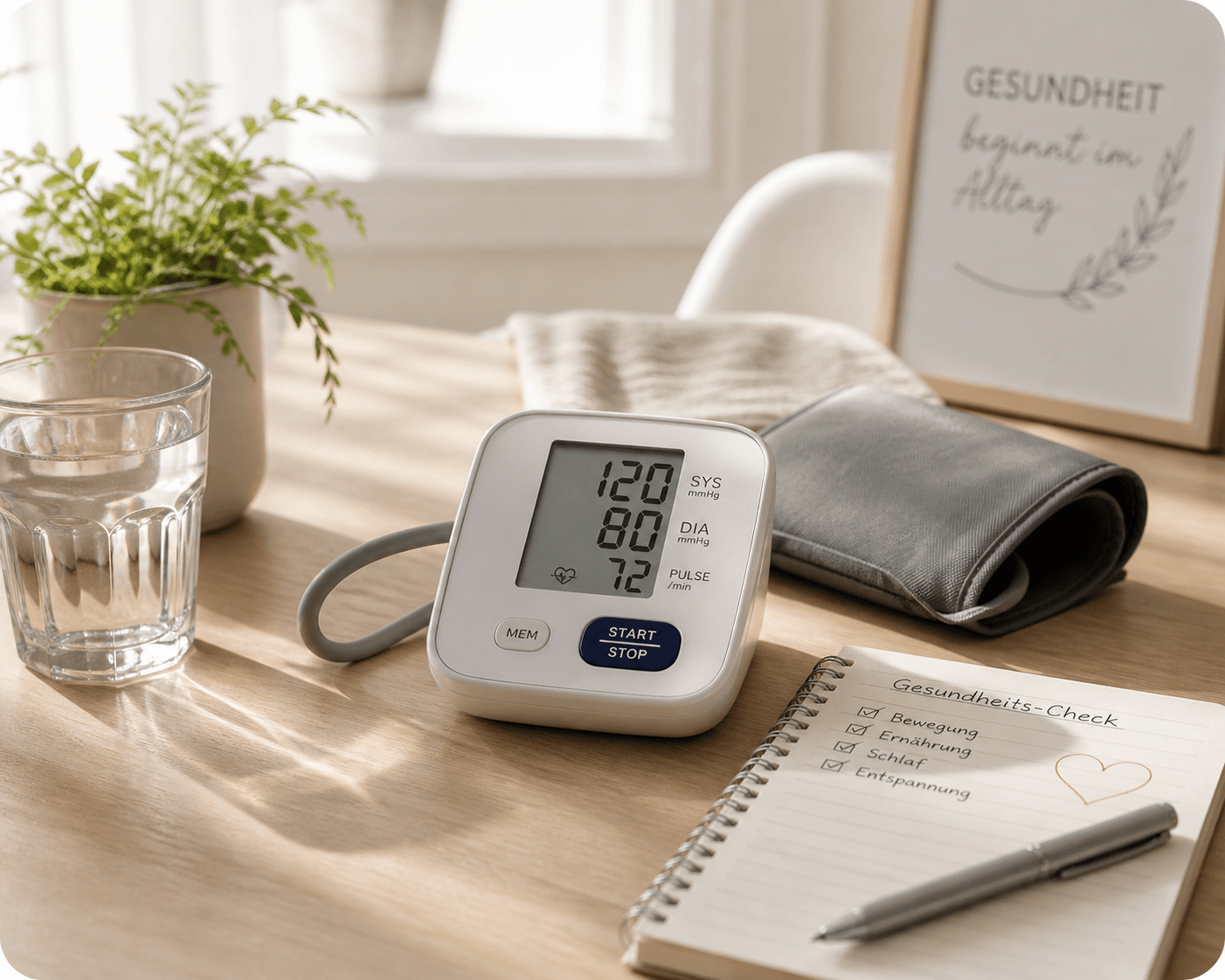 Modernes Blutdruckmessgerät auf hellem Tisch mit Notizbuch, Wasser und ruhiger Gesundheitsatmosphäre