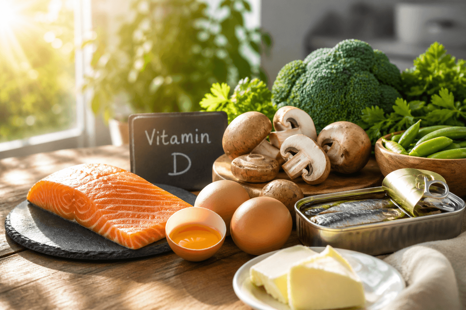 Sonnenlicht fällt auf gesunde Lebensmittel mit Eiern, Fisch, Pilzen und frischem Gemüse