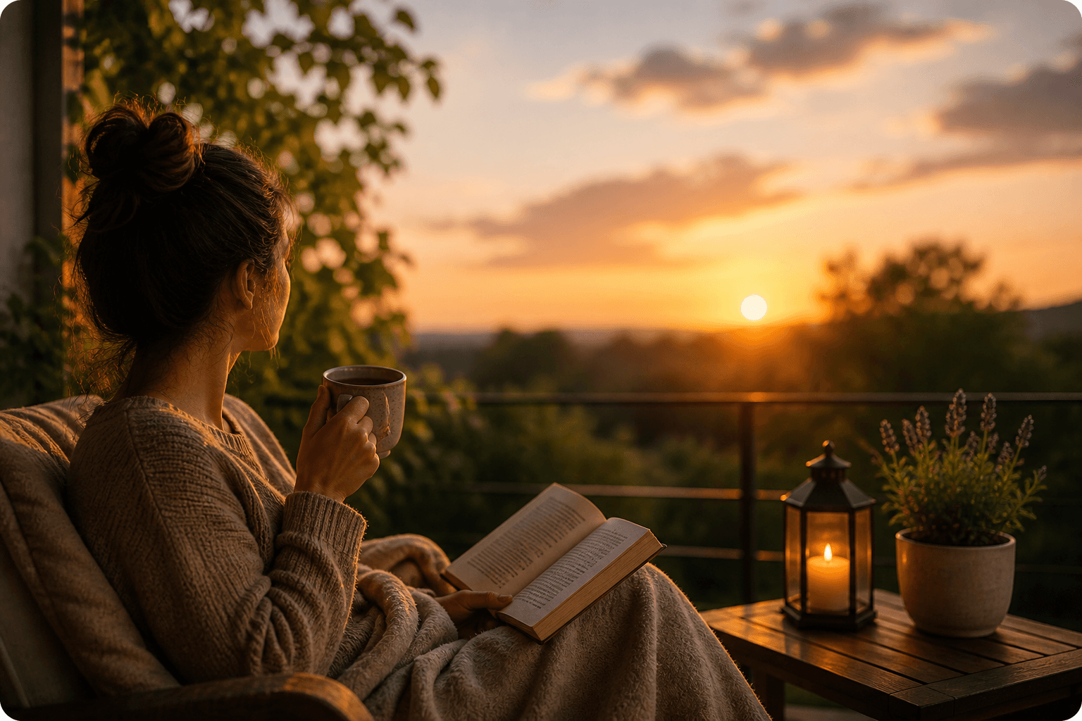 Nachttisch mit Buch, Kräutertee, Lampe und ausgeschaltetem Smartphone